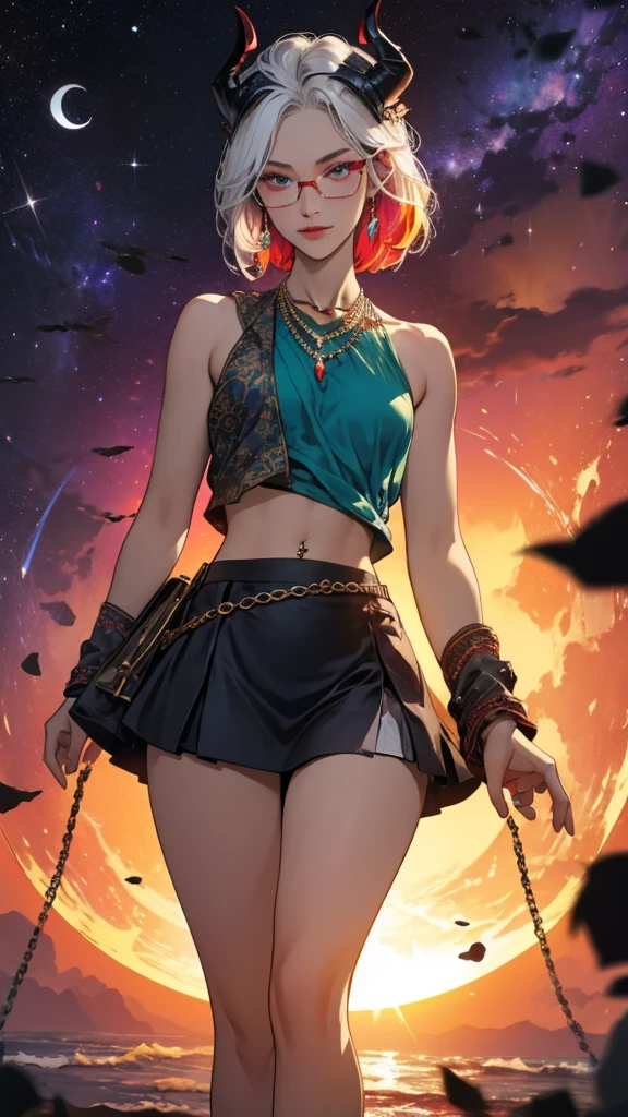 8k, masterpiece, best quality, highly detailed, 1 girl, tiefling, warlock, pixie cut, multicolored hair, very short straight hair red highlight hair on white hair, strippled hair, wearing glasses, round glasses, earrings, navel piercing, red eyeshadow, long eyelashes, blushed cheek, red lips, pearl necklace, rings, collarbone, mole on face, glamorous, teal and purple clothes, sleeveless, miniskirt, smirk, close up view, rings, looking at viewer, demon horns, solo, milky way, starry sky, blood red moon, standing, chains on the background.