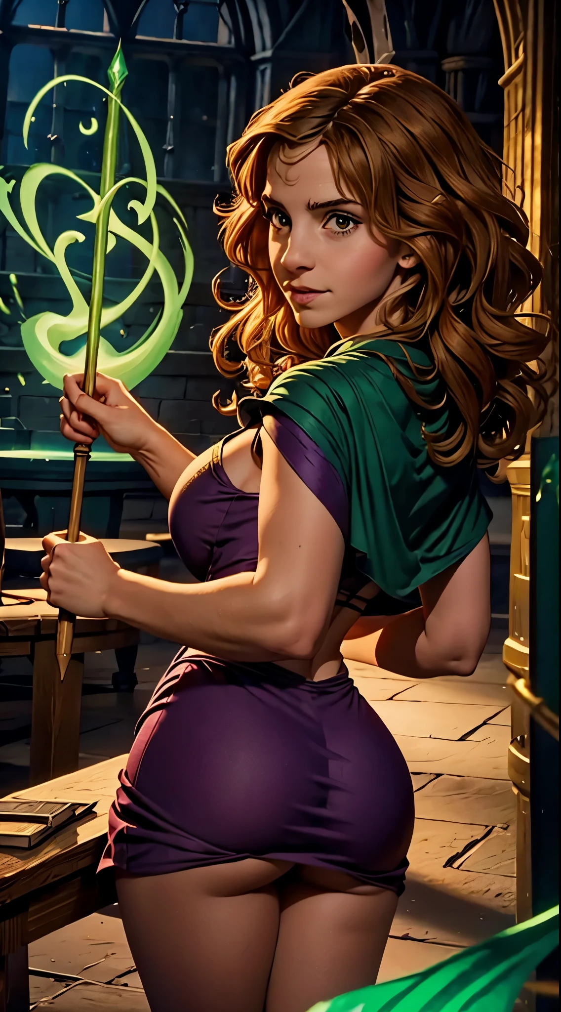 Hermione. Magic wand, casting green spell. Busty. Booty