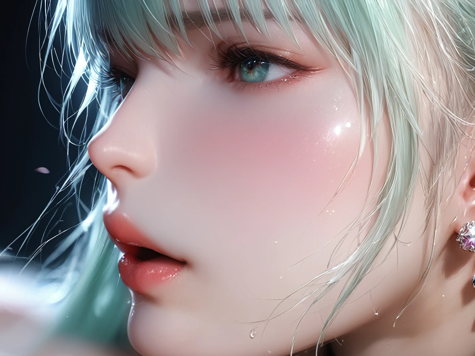 score_9, score_8_up, score_7_up, Girl's profile picture, light green long hair with bangs, light blue petals on cheeks, realistic skin texture, detailed picture, close-up, HD32k,Anime,hentai,(motion sex),motion lines,motion blur,bouncing breasts,Expressiveh,concept art,dark theme