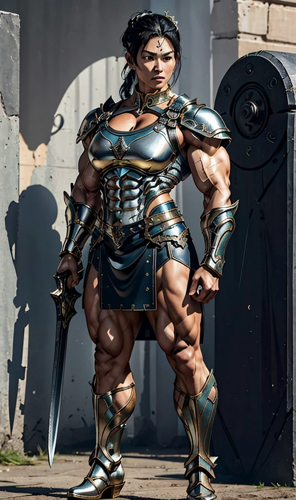 Highest quality、４K８K、One female、((Full body image))、((A woman with a massive muscular physique))、55-year-old woman、Valkyrie General、Height: 250cm、Weight: 190g、Medieval metal armor、Ornately decorated ceremonial armor、((Metal armor with lots of exposed skin))、Metal Boots、Stiletto boots、With a huge long sword、(No sleeve)、((Metallic ultra-mini skirt))、Male bodybuilder with large physique、Gigantess、bulging muscles、Protruding veins、Thick and strong neck、Developed trapezius muscles、Six-pack、Male bodybuilder chest、((Strong muscular thighs))、bulging calf muscles、Model standing、The Queen's Appearance、A Majestic General、Possesses incredible strength、Black-haired chignon、Valkyrie Hair Ornament、A lot of sweat oozing out