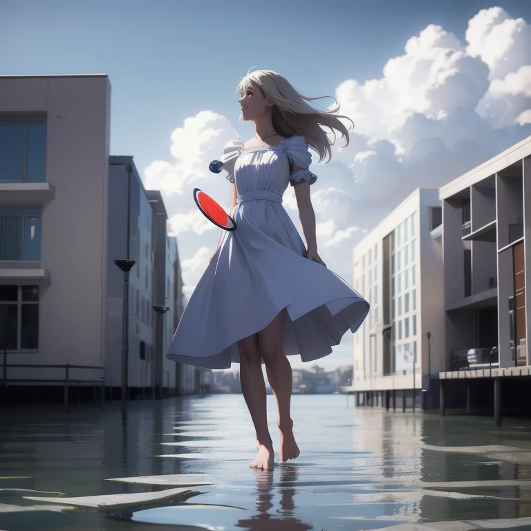 ((work of art)),(((best qualityer))),((ultra detali)),1 girl, standing alone, bare feet, standing, building, ssmile, floating hair, dutch angle, cloused mouth, looking away, plein-air