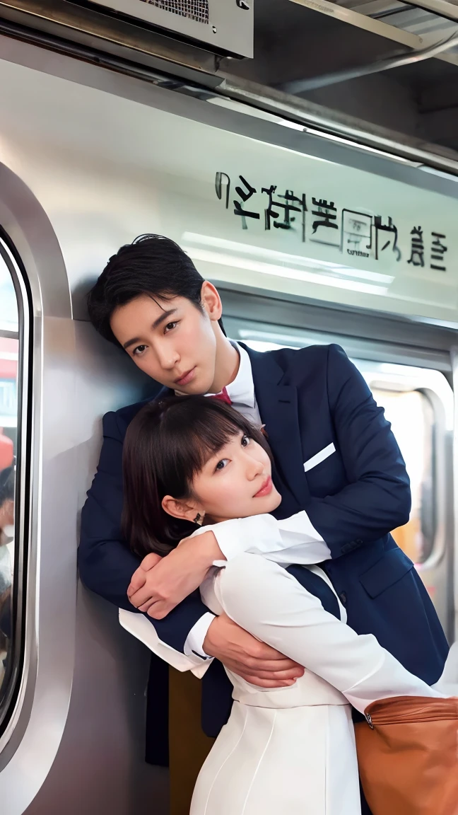  Molester, blush, View your viewers, , (Highest quality:1.3),One person,Nudity viewing warning, Crowded train, Japan ,Blazer uniform, Handsome man hugging his girlfriend from behind, Talk in her ear, Lift her up