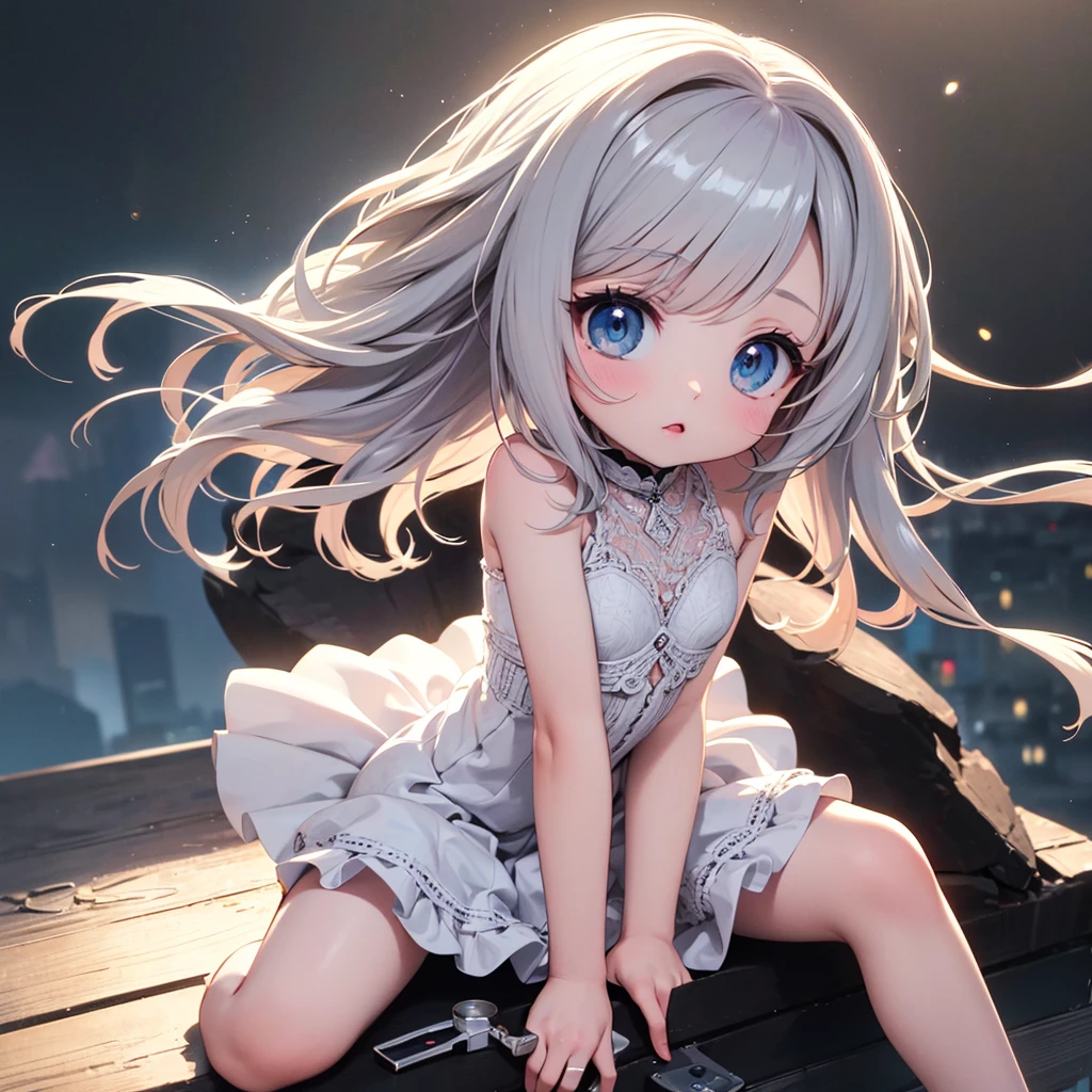 silver hair, dog ears, white dress,wavy hair,delicate features quiet gaze,beautiful half body illustration,beautiful backgraund,atmospheric lighting,sharp focus,vlumetric lighting,cute face,reduce saturation,fine detailed face,small nose and mouth,volumetric top lighting,bold line painting, soft shadow,((masterpiece, best quality)), (1girl), (solo), (female focus),small breasts,flat tits,Lolita,short height,skinny girl,blue eyes,open legs,animal ears,
