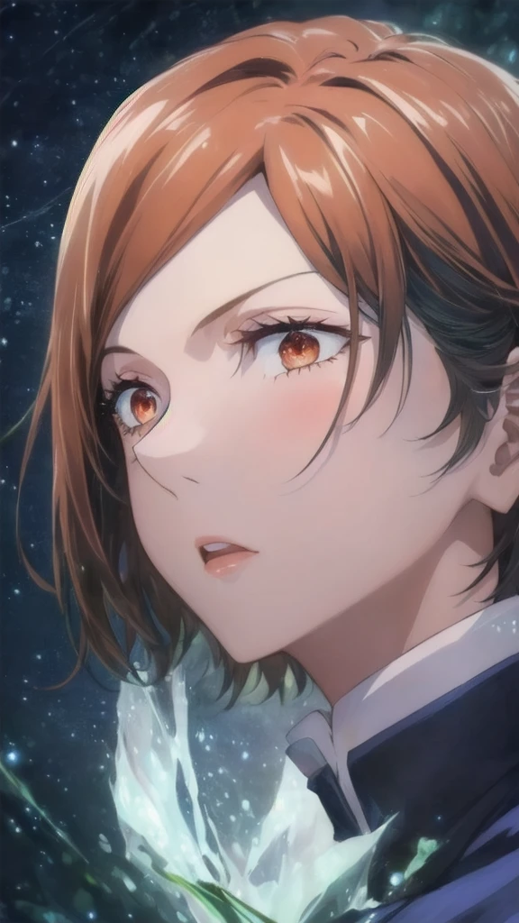 A girl with short straight orange hair and orange eyes looking at the stars, full body,she wearing a white coat and black trosers,white snacks,Art Wallpaper 4K, Anime Art Wallpaper 4K, Detailed digital anime art, anime art wallpaper 8 k, Anime Wallpaper 4K, Anime Wallpaper 4K, Green Halo, Beautiful anime portrait, 4k anime wallpaper,Orange glowing eyes, Anime style 4k