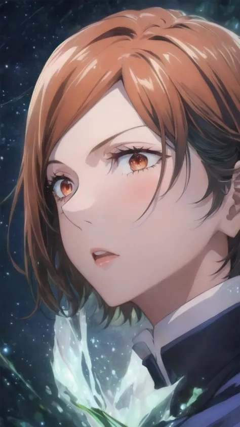 a girl with short straight orange hair and orange eyes looking at the stars, full body,she wearing a white coat and black troser...