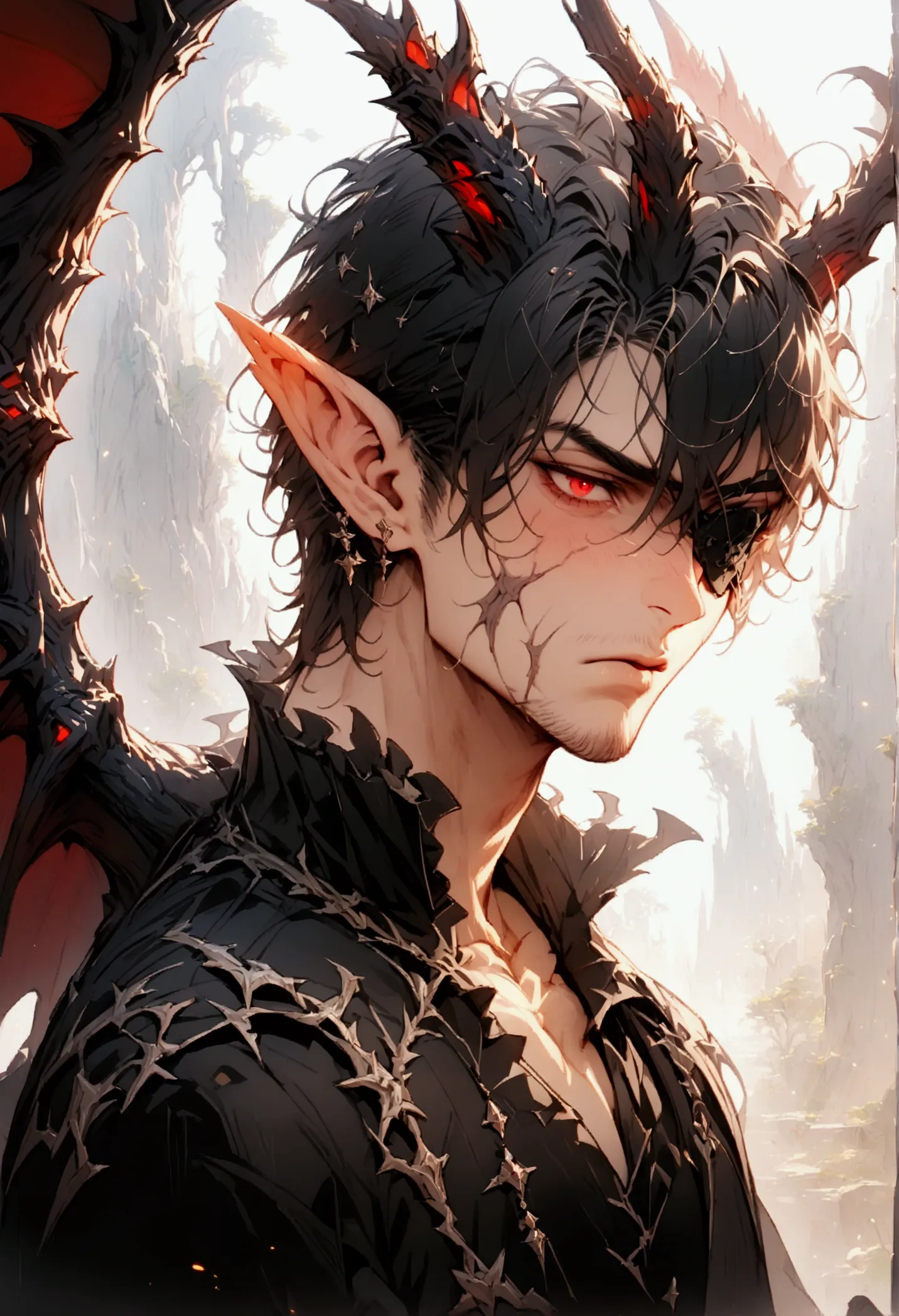 (masterpiece), highest quality, expressive eyes, perfect face, male, black hair, red eyes, dragon ears, black suit, black trouse...