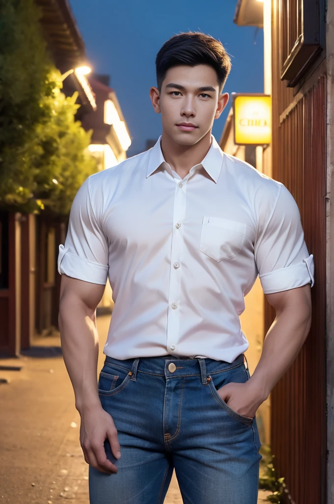 (armface:1.3) , Handsome young man standing, (have a mustache:0.8) , (short hair:1.2), The forearms are muscular., (Collared shirt with buttons:1.2), (white shirt:1.2),Jeans, Big muscles, Handsome and muscular, full body angle, (The front of an old building:1.1), , (nighttime:1.3), Neon lights