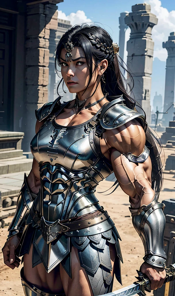 Highest quality、４K８K、One female、((Full body image))、((A woman with a massive muscular physique))、35-year-old woman、Valkyrie General、Height: 185cm、Weight 120g、7.5 heads、Medieval metal armor、Ornately decorated ceremonial armor、((Metal armor with lots of exposed skin))、Metal Boots、Stiletto boots、With a huge long sword、((Sleeveless Armor))、((Metallic ultra-mini skirt))、((A man with a strong physique like a bodybuilder))、bulging muscles、Protruding veins、((Thick and strong neck))、Developed trapezius muscles、Six-pack、Male bodybuilder chest、((Strong muscular thighs))、bulging calf muscles、Model standing、The Queen's Appearance、A Majestic General、Possesses incredible strength、Black Hair Upstyle Hair、Valkyrie Hair Ornament