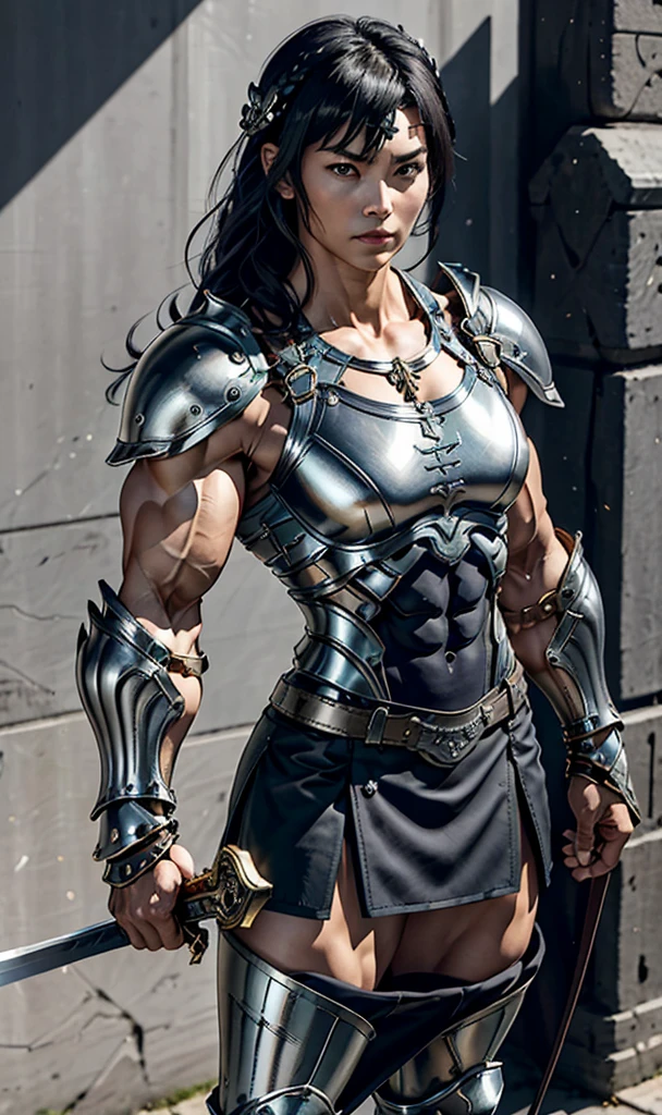 Highest quality、４K８K、One female、((Full body image))、((A woman with a massive muscular physique))、35-year-old woman、Valkyrie General、Height: 185cm、Weight 120g、7.5 heads、Medieval metal armor、Ornately decorated ceremonial armor、((Metal armor with lots of exposed skin))、Metal Boots、Stiletto boots、With a huge long sword、((Sleeveless Armor))、((Metallic ultra-mini skirt))、((A man with a strong physique like a bodybuilder))、bulging muscles、Protruding veins、((Thick and strong neck))、Developed trapezius muscles、Six-pack、Male bodybuilder chest、((Strong muscular thighs))、bulging calf muscles、Model standing、The Queen's Appearance、A Majestic General、Possesses incredible strength、Black Hair Upstyle Hair、Valkyrie Hair Ornament