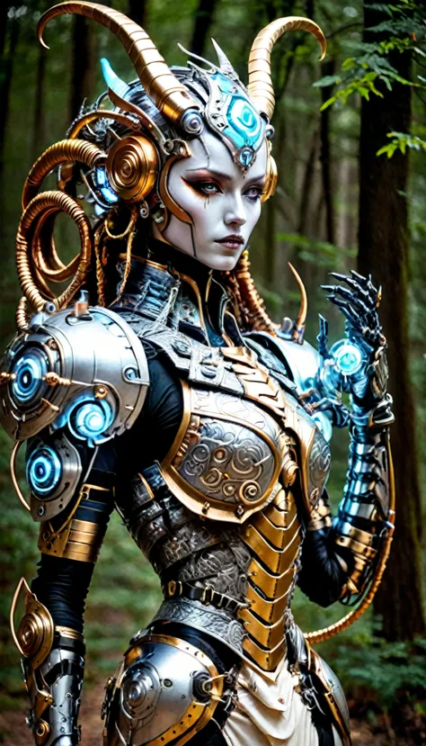 a close up of a person in a costume with a horned head, beautiful biomechanical djinn, porcelain cyborg armor, futuristic robot ...