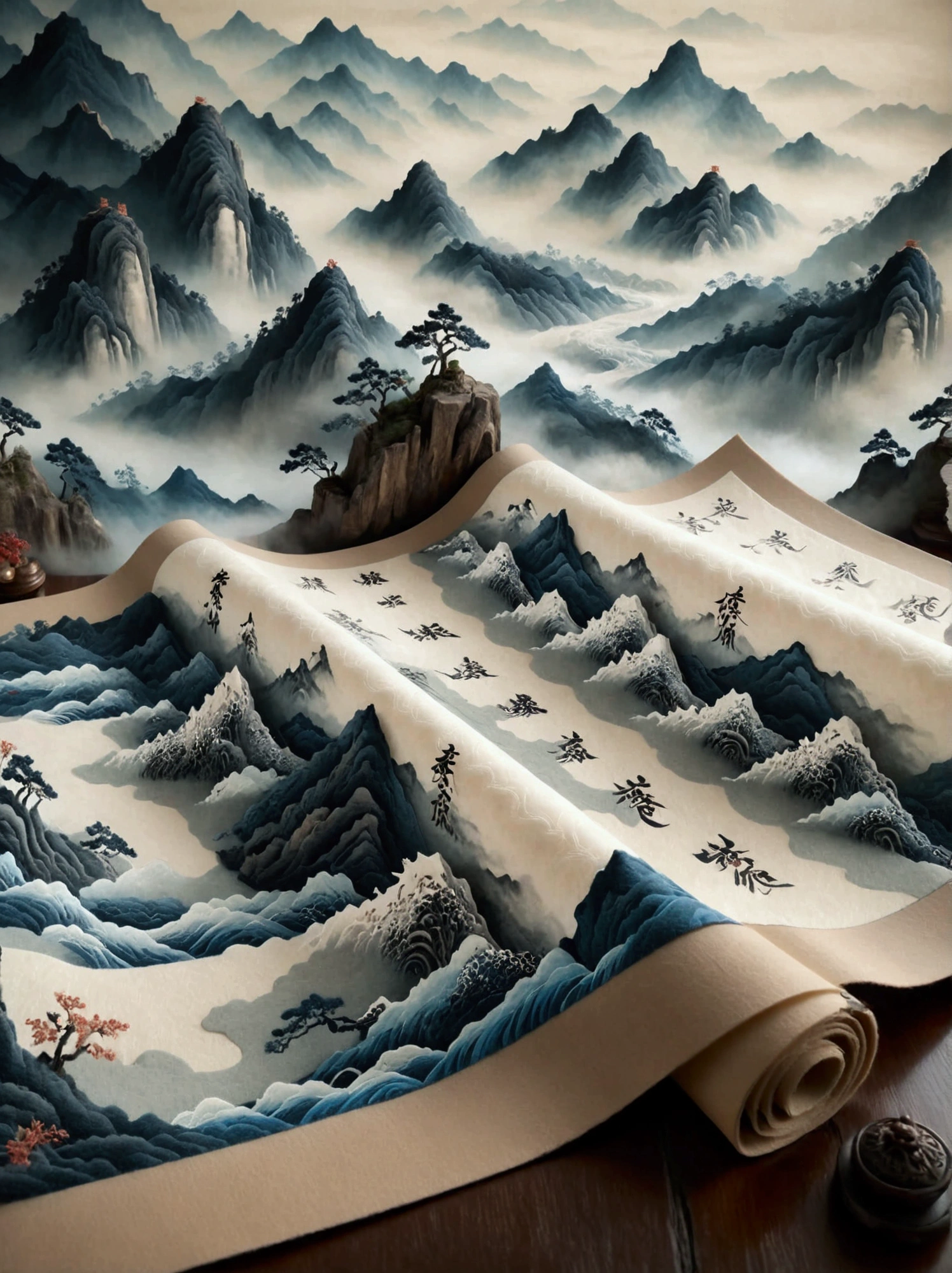 China-Chic style, felt material, an open scroll floating in the air, with some ancient characters on it. On the open scroll stand several ancient poets, with illustrations of mountains and rivers in the background. Featuring undulating mountains, silk, macro, high-definition surrealism, long waves, fresh and elegant customs, white and blue tones, macro perspective