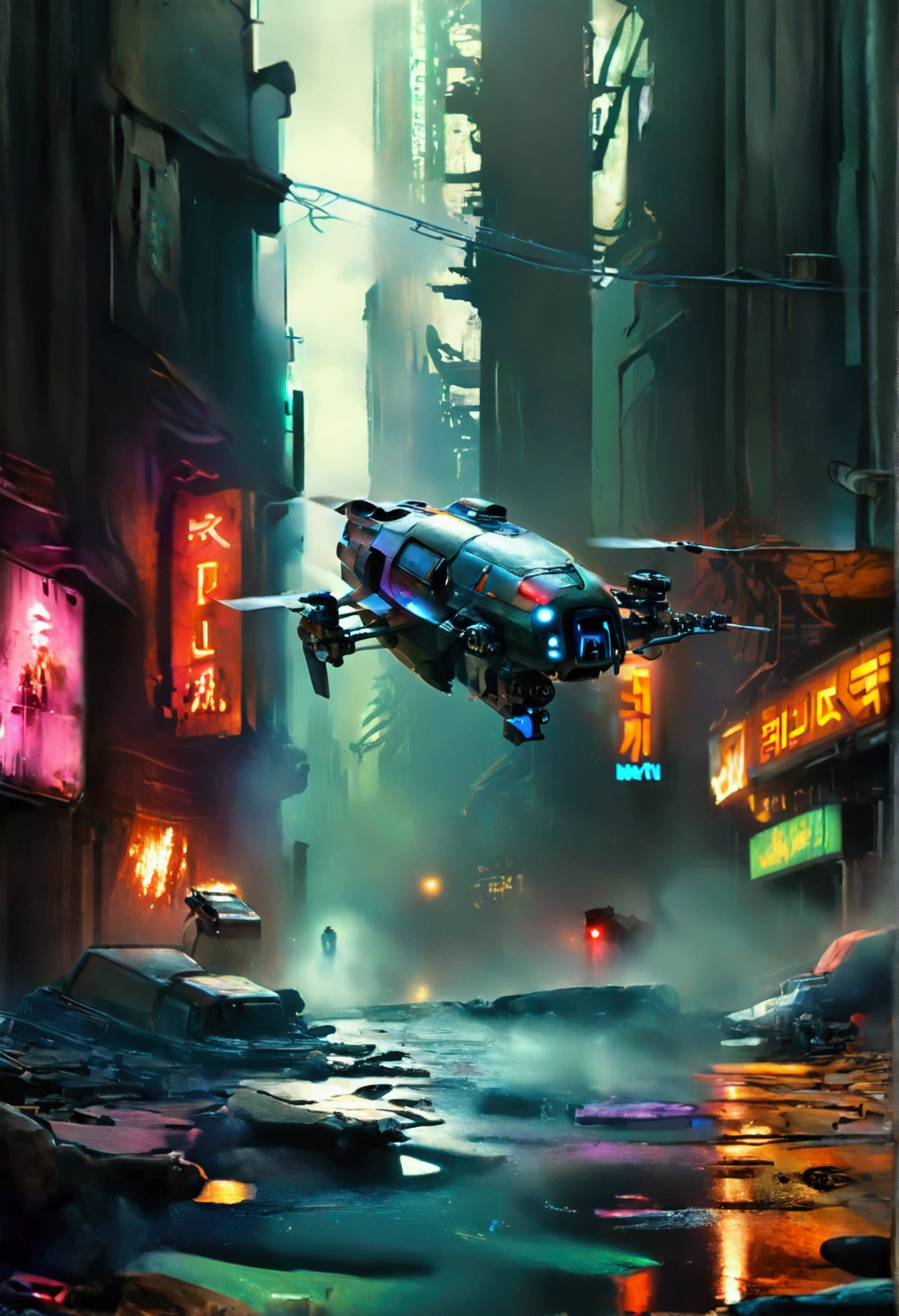 Maximum quality, urban landscape, sky line, futuristic city in ruins, outfit, surrealism, cyber punk, hyper realism, photo realism, Blade Runner, spinner vehicle, drones, exposed wiring, advertising, Holograms, metropolis.