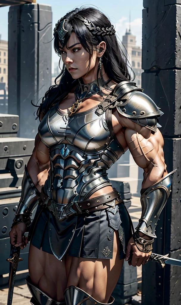 Highest quality、４K８K、One female、((Full body image))、((A woman with a massive muscular physique))、35-year-old woman、Valkyrie General、Height: 185cm、Weight 120g、7.5 heads、Medieval metal armor、Ornately decorated ceremonial armor、((Metal armor with lots of exposed skin))、Metal Boots、Stiletto boots、With a huge long sword、((Sleeveless Armor))、((Metallic ultra-mini skirt))、((A man with a strong physique like a bodybuilder))、bulging muscles、Protruding veins、((Thick and strong neck))、Developed trapezius muscles、Six-pack、Male bodybuilder chest、((Strong muscular thighs))、bulging calf muscles、Poses to show off your muscles、The Queen's Appearance、A Majestic General、Possesses incredible strength、Black Hair Upstyle Hair、Valkyrie Hair Ornament