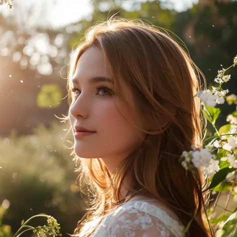 standing in a flower field、arabian woman with long red hair and white dress, backlit beautiful face, backlit portrait, infp youn...