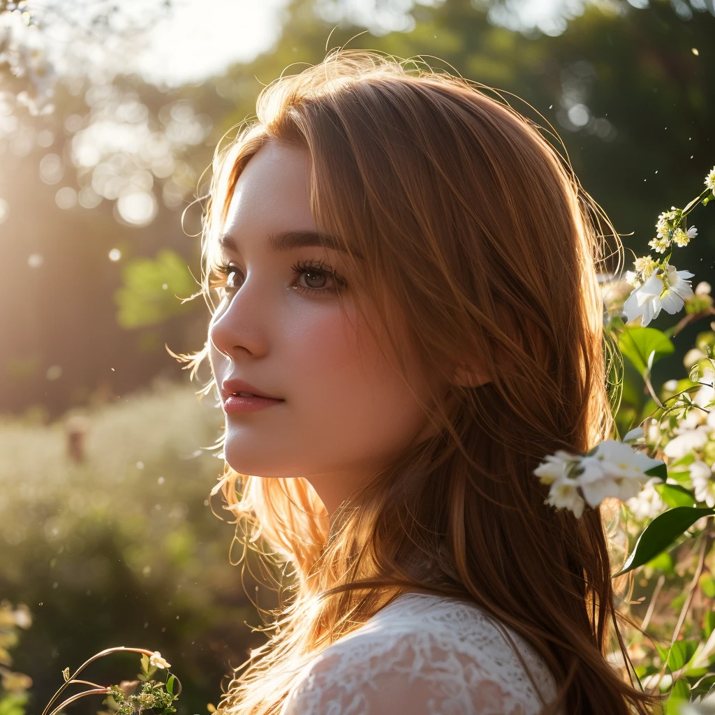 Standing in a flower field、Arabian woman with long red hair and white dress, Backlit beautiful face, Backlit Portrait, infp young woman, Soft Portrait Shot 8k, medium Portrait Soft Light, Backlit face, radiant morning light, Beautiful young woman, Perfectly lit face, 50mm Portrait, Young woman&#39;s face, Portrait Soft Light