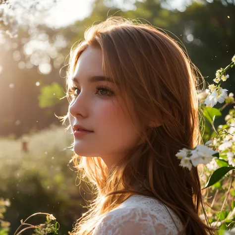 standing in a flower field、arabian woman with long red hair and white dress, backlit beautiful face, backlit portrait, infp youn...