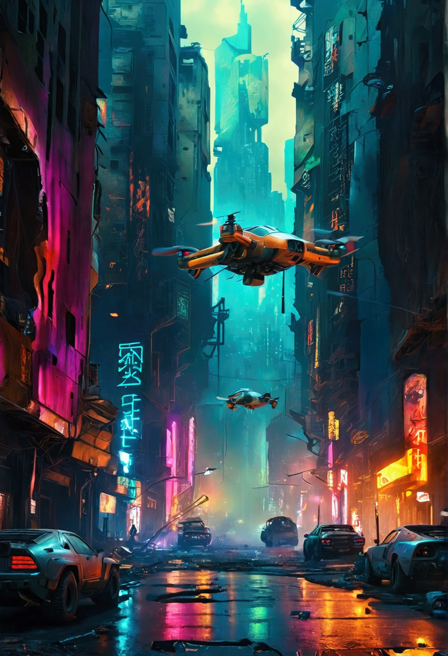 Maximum quality, urban landscape, sky line, futuristic city in ruins, outfit, surrealism, cyber punk, hyper realism, photo realism, Blade Runner, spinner vehicle, drones, exposed wiring, advertising, Holograms, metropolis.