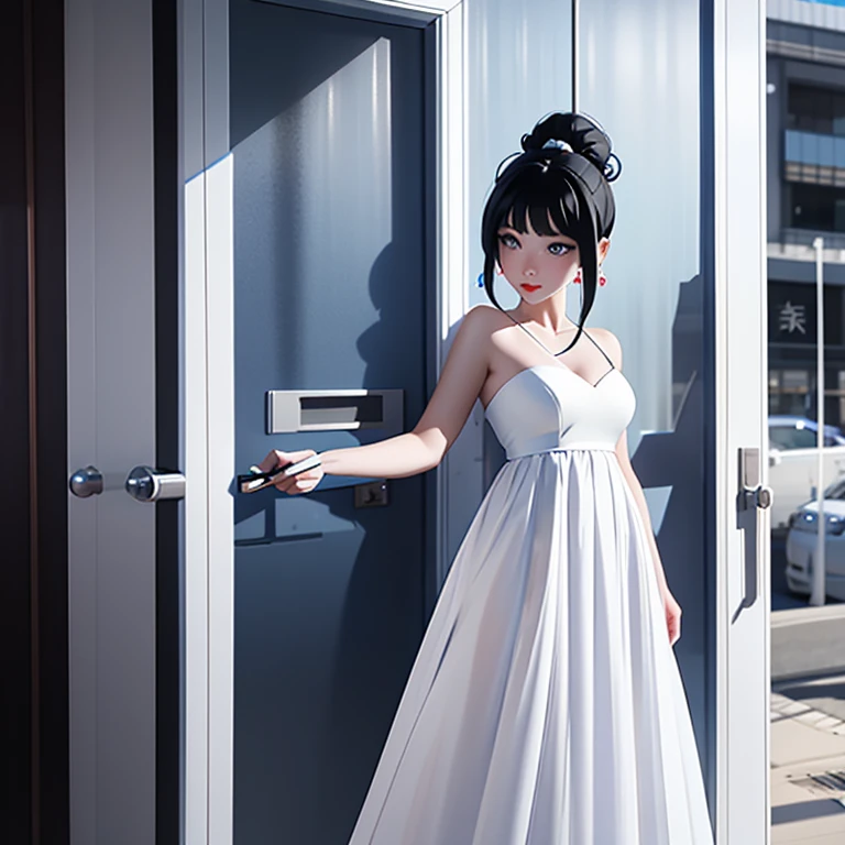 1womanl, Bblack hair, Blue pupils, 精致的面容, cute, love earrings, white gown, standing at the police station door, playful, ultra HD, work of art, best qualityer, super detaill, precise