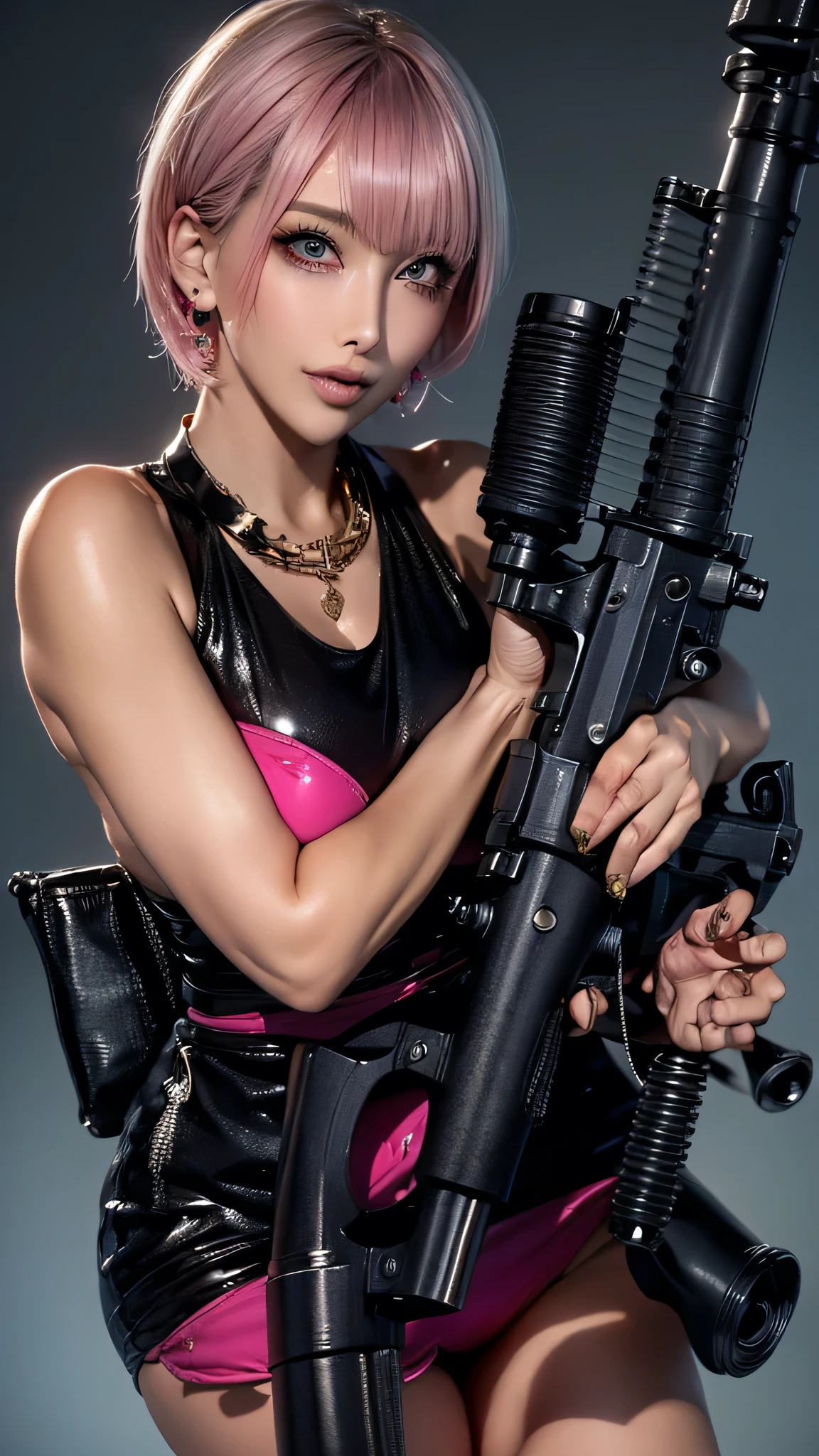 (Highest quality), Realistic, (live-action),(Short Hair,Sharp bangs)Showing off your crotch,Highest quality,Highest quality,8k images,Pink Hair,High heels,Small face,((Big Breasts))Leg spread、1 gun,(((Holding a gun,Hold the gun you have:1.4))),Highest quality32K