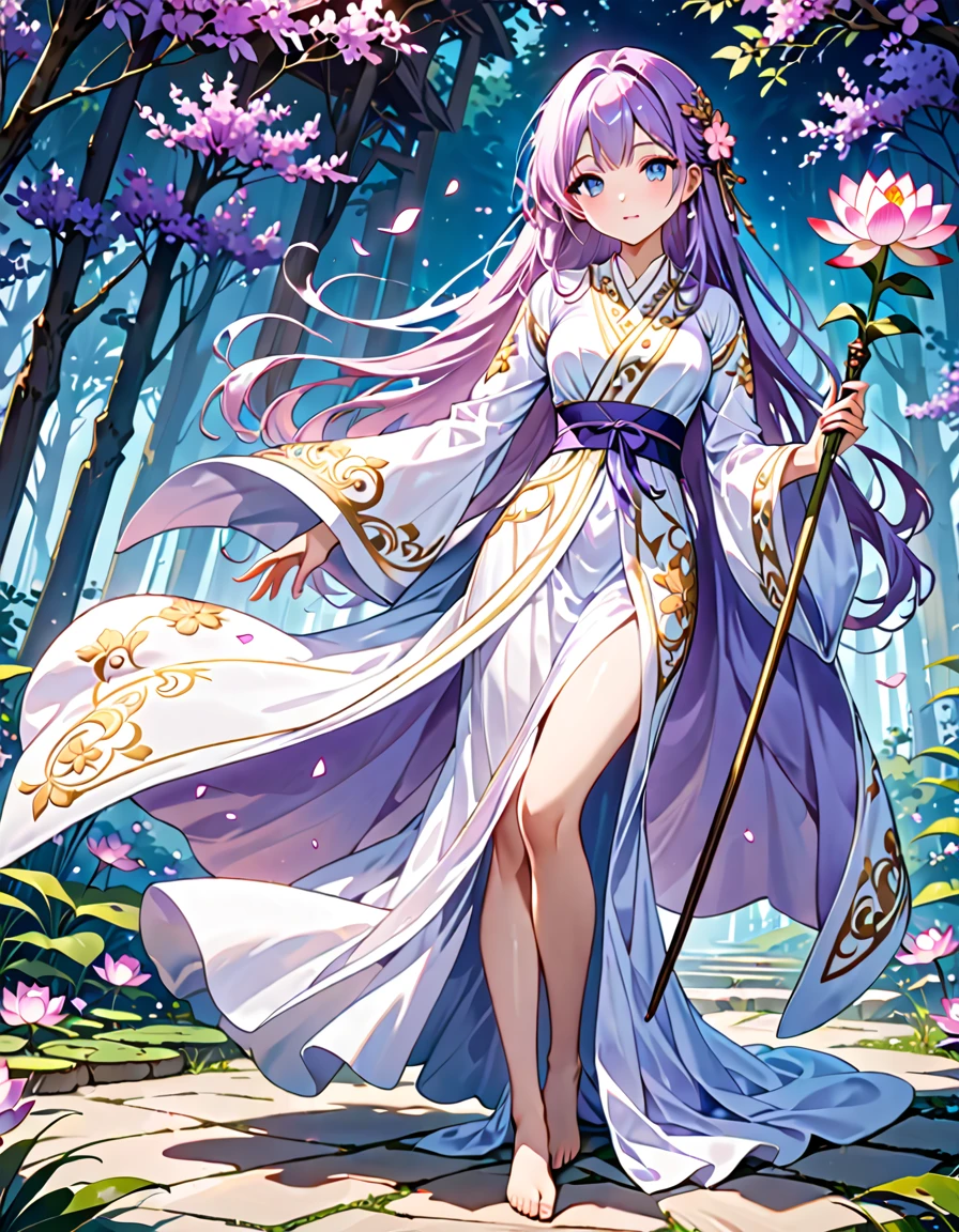 (((masterpiece, best quality, high detailed, 16k))) (1girl) A serene and graceful healer with long, flowing lavender hair and gentle blue eyes. She is draped in soft, flowing robes of white and pastel purple, embroidered with delicate floral patterns. Her hands emit a soft, healing glow, and she carries a staff topped with a blooming lotus flower. ((full body view))
