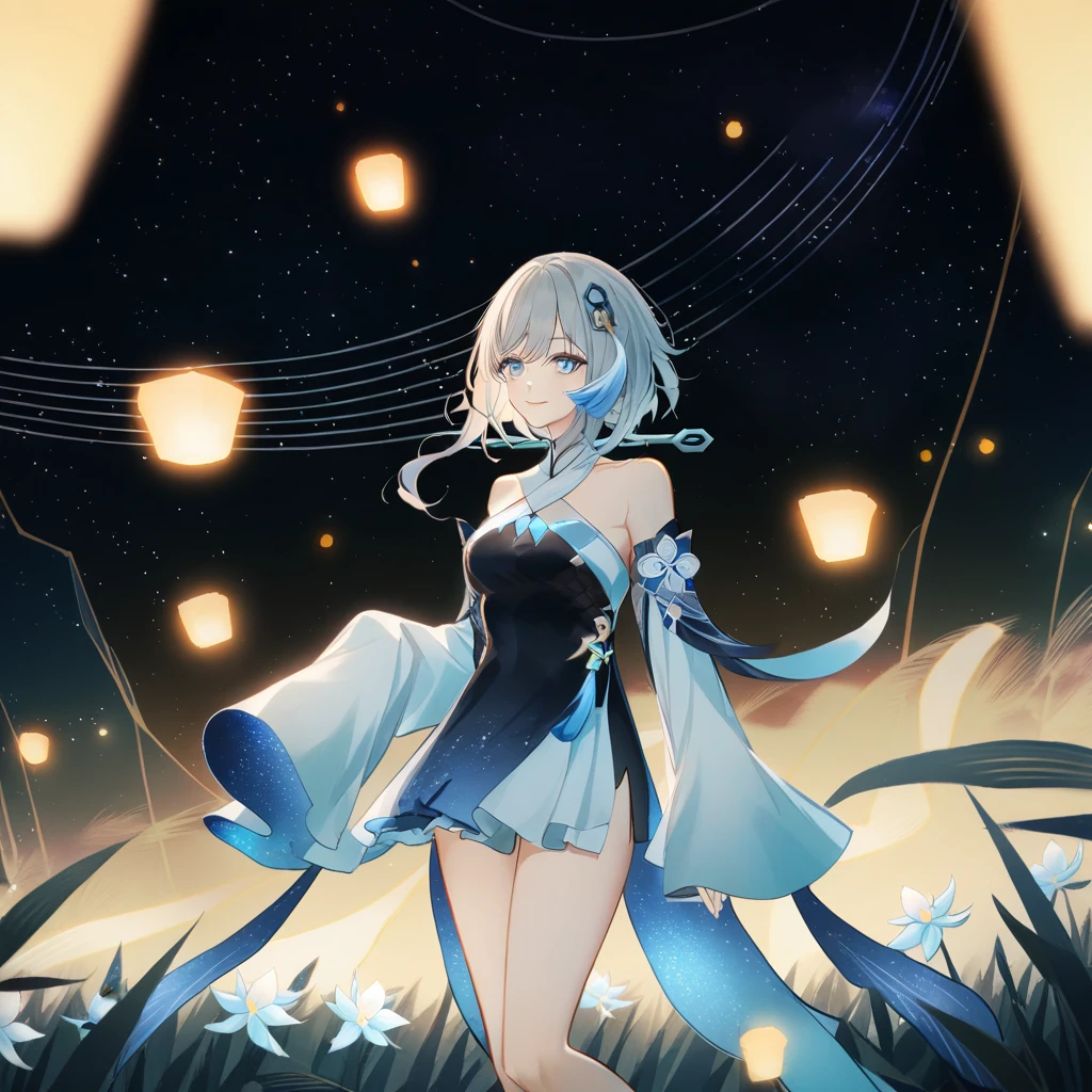 1girl, guizhong_\(genshin_impact\),light grey hair,short_hair_with_long_locks,starry_sky_print,detached_sleeves, long sleeves_past_fingers,hanfu,illustrated by matsuryuu and agahari and dsmile,pale blue eyes,stunning field of softly glowing blue and white glaze lilies,night scene,gentle smile,moonlight,glossy lips,vivid anime coloring,cel shading,smooth, soft dreamy focus,anklet,halter_top,white clothes,highly detailed,digital painting,field of flowers,bare_shoulders,wlop,barefoot,cool night tones, magical night scene,masterpiece, best quality, film, bokeh, professional, 4k, highly detailed,fireflies,Guardian nebula of rainbow light and silvery vapor,