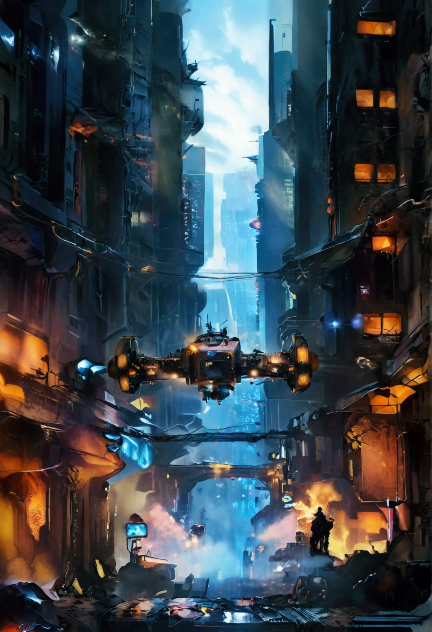 Maximum quality, urban landscape, sky line, futuristic city in ruins, outfit, surrealism, cyber punk, hyper realism, photo realism, Blade Runner, spinner vehicle, drones, exposed wiring, advertising, Holograms, metropolis.