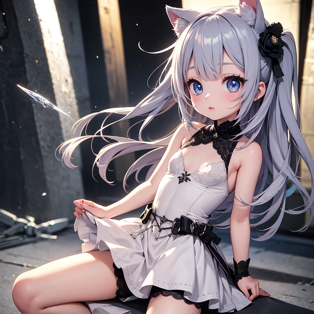 silver hair, dog ears, white dress,wavy hair,delicate features quiet gaze,beautiful half body illustration,beautiful backgraund,atmospheric lighting,sharp focus,vlumetric lighting,cute face,reduce saturation,fine detailed face,small nose and mouth,volumetric top lighting,bold line painting, soft shadow,((masterpiece, best quality)), (1girl), (solo), (female focus),small breasts,flat tits,Lolita,short height,skinny girl,blue eyes,open legs,animal ears,
