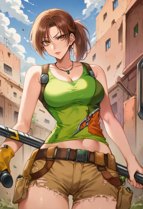 score_9, score_8_up, score_7_up, source_anime break 1girl, solo, lara croft, turquoise shirt, shorts, brown hair, ponytail, brow...