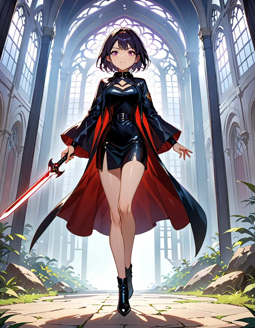 (((masterpiece, best quality, high detailed, 16k))) (1girl) A mysterious rogue with short, jet-black hair and striking violet eyes. She is dressed in a sleek, dark leather outfit that allows for swift movement, with hidden daggers strapped to her legs. Her expression is cold and calculating, and she holds a shadowy blade that seems to absorb light. ((full body view))
