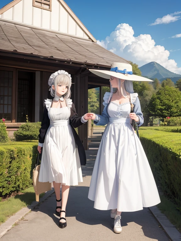 Pastel tones、High definition、Anime-like、Gentle Hills、High and blue sky、A shining white cumulonimbus cloud、（A wide-brimmed hat, silver hair, long skirt and cardigan）With the lady（Classical maid outfit）maid、Two women walking together