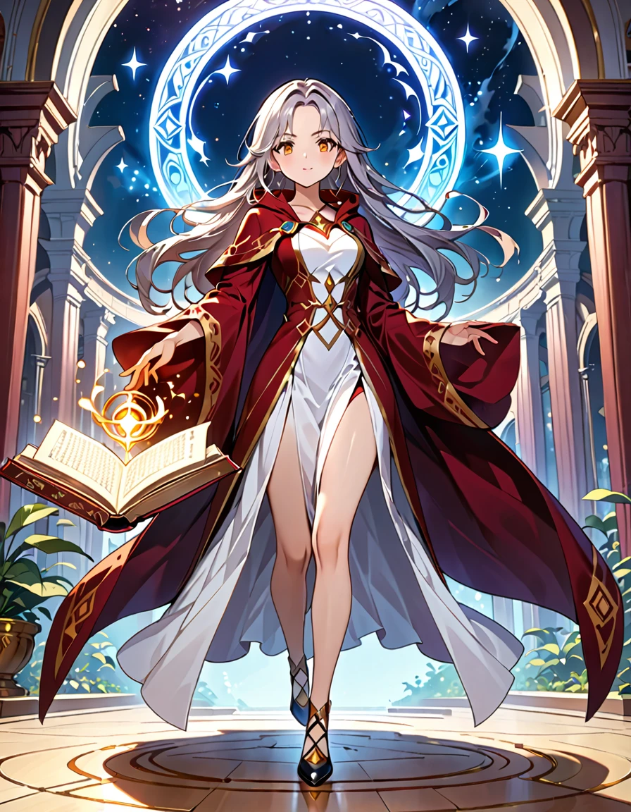 (((masterpiece, best quality, high detailed, 16k))) (1girl) A powerful sorceress with long, cascading hair that transitions from deep midnight blue to bright silver at the tips. Her sharp, golden eyes gleam with intelligence, and she is adorned in robes of rich burgundy and black, decorated with ancient arcane symbols. In her hand, she holds a large, open book filled with glowing spells. ((full body view))

