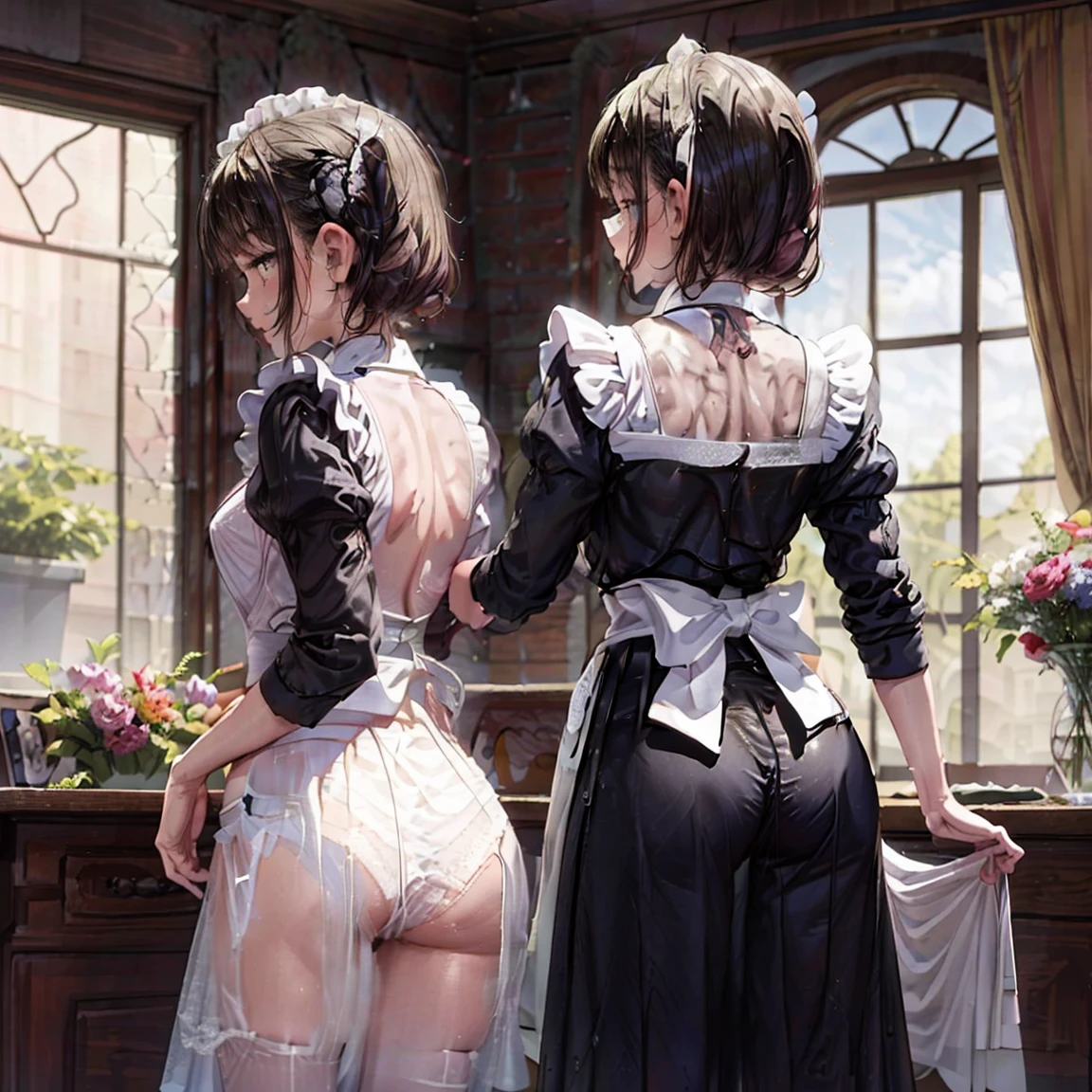 A woman dressed in a maid outfit, Standing with his back to the viewer, Stick your butt out a little, Lift the hem of the maid&#39;s skirt to expose her buttocks, Lift your skirt up until your butt is completely exposed, ((Gorgeous black satin panties)), ((Show the crack of the buttocks:1.2)), garter belt, Plump thighs, White tights , ((Take off your panties halfway, Pull down your panties)), A sexy pose that emphasizes the buttocks, stick your ass out more