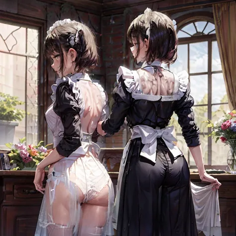 a woman dressed in a maid outfit, standing with his back to the viewer, stick your butt out a little, lift the hem of the maid&#...