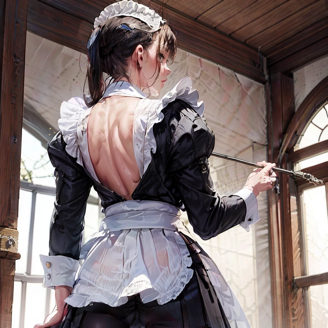 A woman dressed in a maid outfit, Standing with his back to the viewer, Stick your butt out a little, Lift the hem of the maid&#39;s skirt to expose her buttocks, Lift your skirt up until your butt is completely exposed, ((Gorgeous black satin panties)), ((Show the crack of the buttocks:1.2)), garter belt, Plump thighs, White tights , ((Take off your panties halfway, Pull down your panties)), A sexy pose that emphasizes the buttocks, stick your ass out more