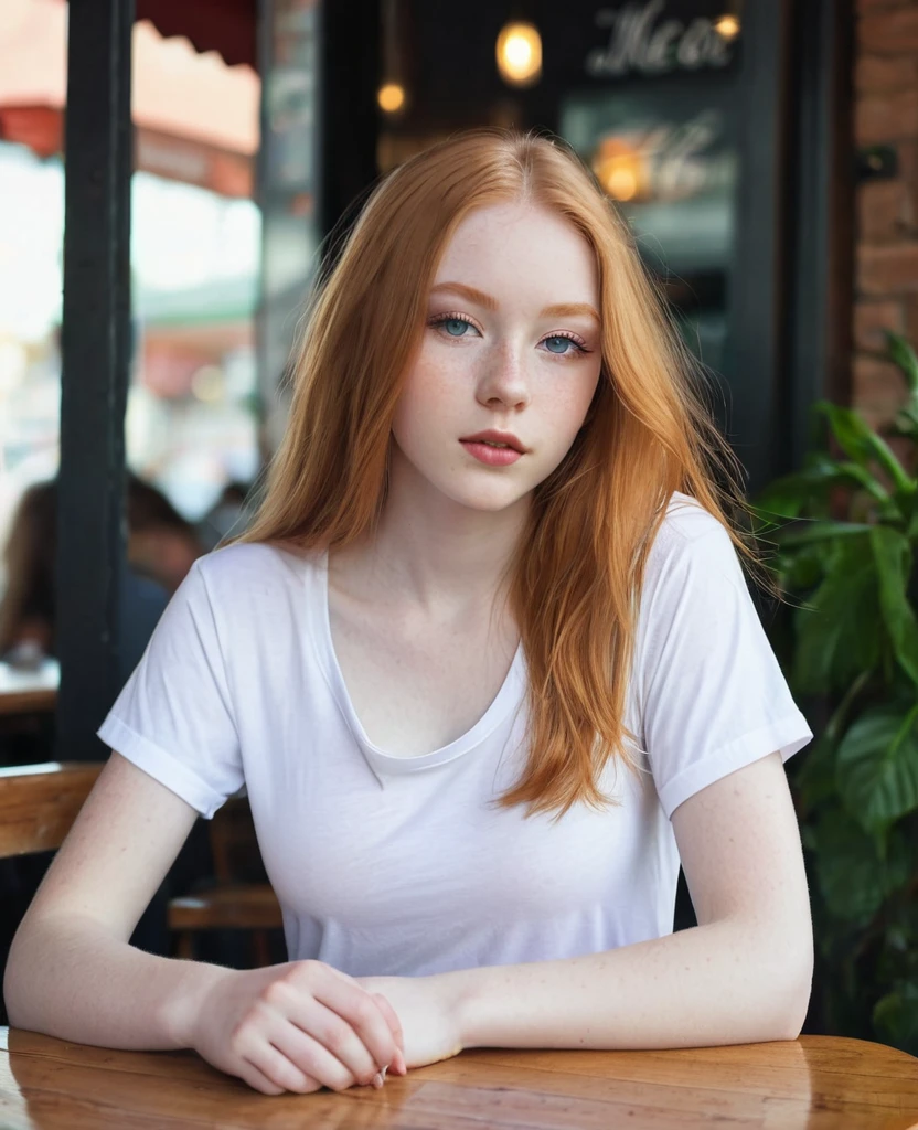 , 14 year old girl, beautiful, sitting at a table, at a ((cafe)), BREAK oversized plain low cut white t-shirt, slacks, BREAK Large breasts, makeup, long ginger hair, pale skin, fair skin, white skin, BREAK, no bra, pokies, having a drink, growing breasts, her breasts swell up