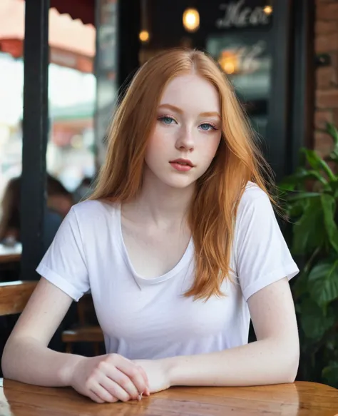 , 14 year old girl, beautiful, sitting at a table, at a ((cafe)), break oversized plain low cut white t-shirt, slacks, break lar...