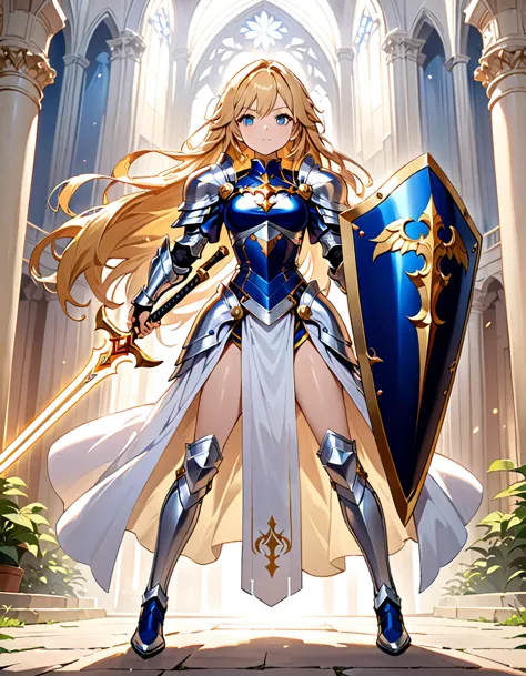 (((masterpiece, best quality, high detailed, 16k))) (1girl) a noble knight with flowing blonde hair and bright blue eyes, clad i...