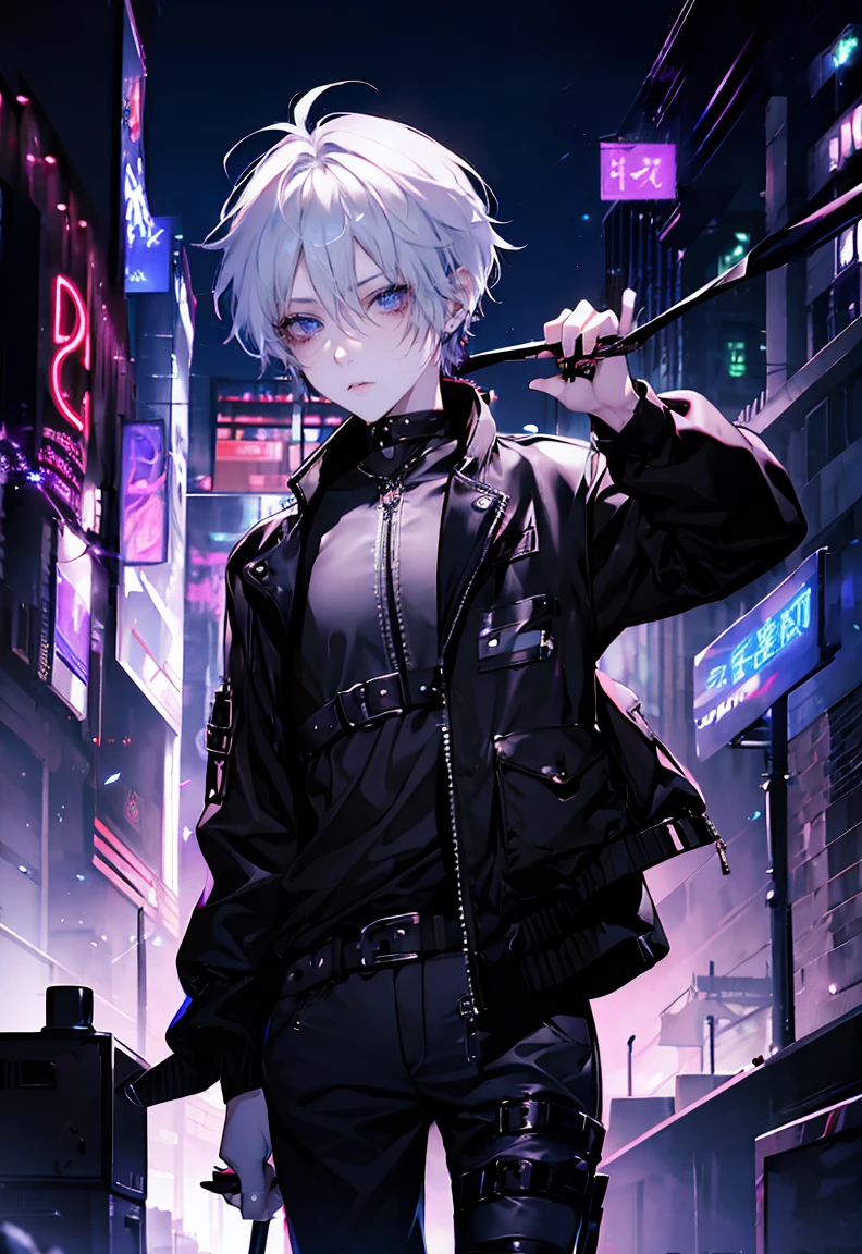 One male character, adult male, bishonen, pretty, handsome, choker, cybernetic inspiration, cyberpunk, alternative fashion, serious angry face, urban setting, cybergoth, night setting, neon lights, medium length hair, white hair with black strands, harness, baggy pants, goth boots, cinematic shot