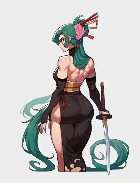 score_9, score_8_up, 1girl, goddess, kimono, black pony tail, cursed clothing, arm sleeves, thick body, sword in hands, looking ...