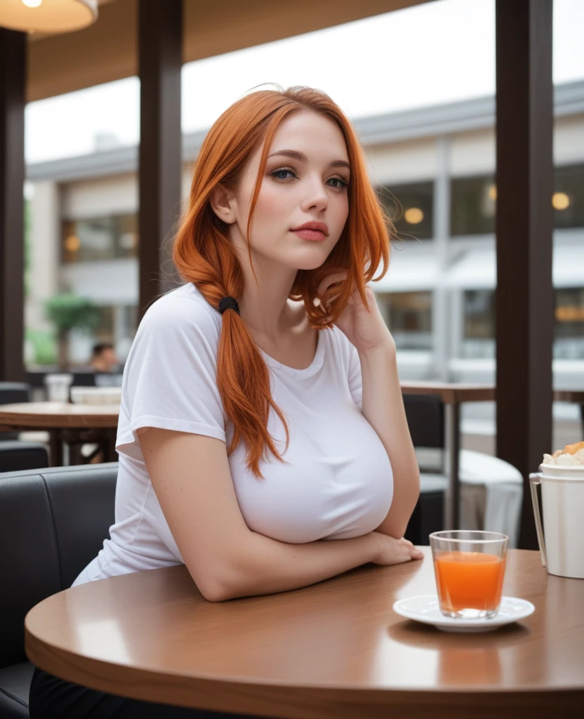 , 14 year old girl, beautiful, sitting at a table, at a ((cafe)), BREAK oversized plain low cut white t-shirt, slacks, BREAK Large breasts, makeup, long ginger hair, pale skin, fair skin, white skin, BREAK, no bra, pokies, having a drink, growing breasts, her breasts swell up