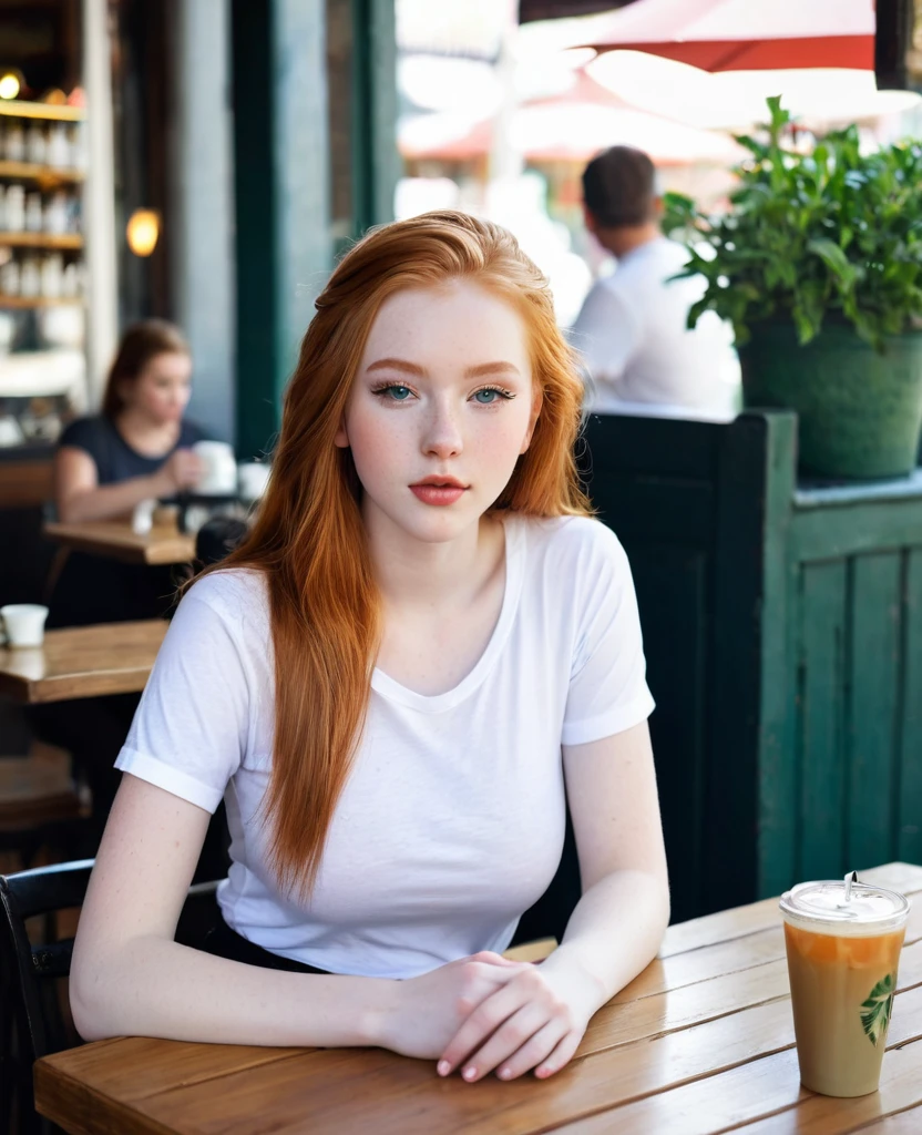 , 14 year old girl, beautiful, sitting at a table, at a ((cafe)), BREAK oversized plain low cut white t-shirt, slacks, BREAK Large breasts, makeup, long ginger hair, pale skin, fair skin, white skin, BREAK, no bra, pokies, having a drink, growing breasts, her breasts swell up