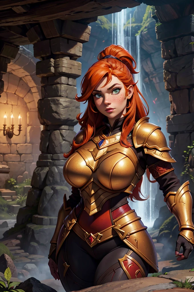 Close up of Dwarven woman, orange hair, maroon armor with gold trim, heavy armor, chubby cheeks, green eyes, freckles on cheeks, freckles on top of breasts,  underground, large cavern, carved stone walls, underground waterfall, underground, interior. Show her walking with her hands on her hips. super high quality, super high detail, masterpiece, 4k, 8k, HDR, masters of the universe, vibrant colors, dark shadows, dim lighting
