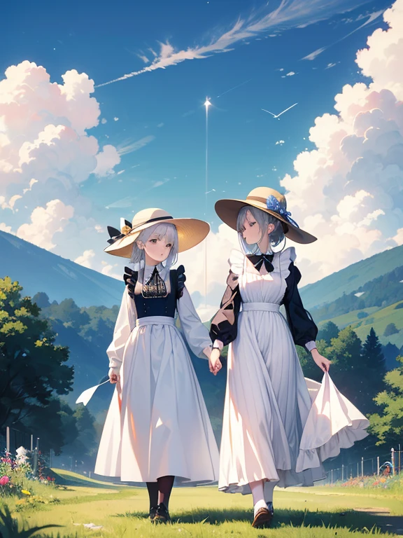 Pastel tones、High definition、Anime-like、Gentle Hills、High and blue sky、A shining white cumulonimbus cloud、（A wide-brimmed hat, silver hair, long skirt and cardigan）With the lady（Classical maid outfit）maid、Two women walking together