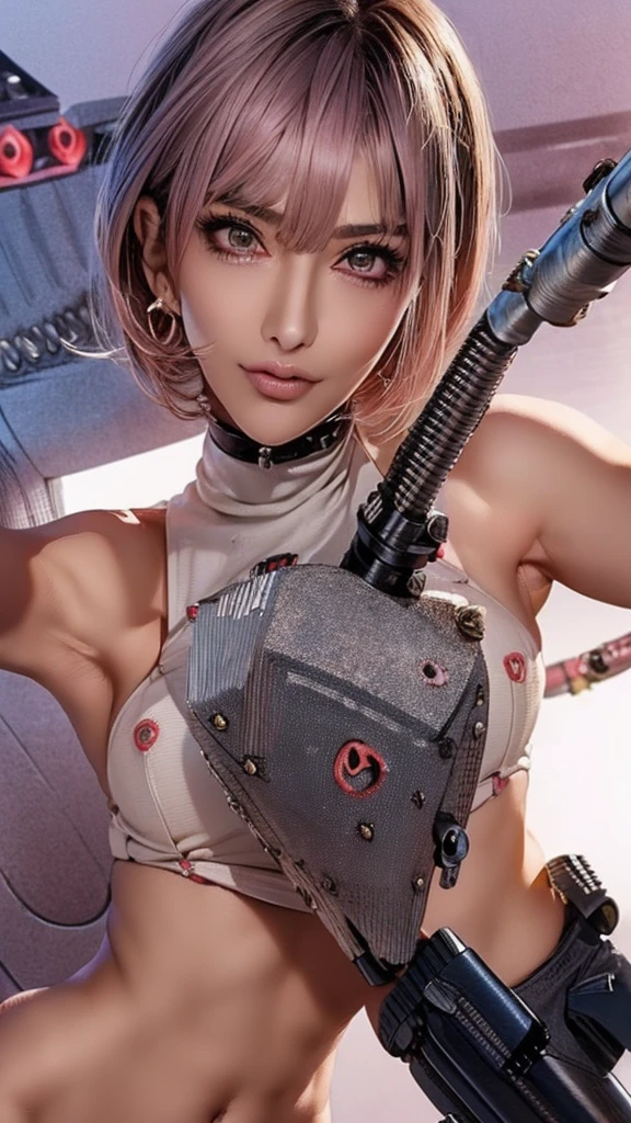 (Highest quality), Realistic, (live-action),(Short Hair,Sharp bangs)Showing off your crotch,Highest quality,Highest quality,8k images,Pink Hair,High heels,Small face,((Big Breasts))Leg spread、1 gun,(((Point the tip of your gun towards the camera:1.8))),Highest quality32K