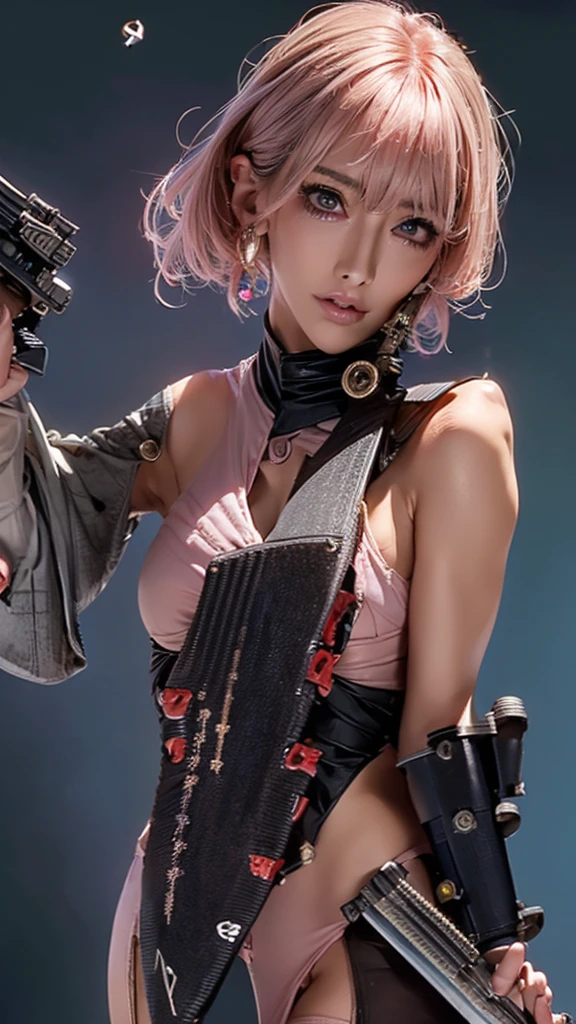 (Highest quality), Realistic, (live-action),(Short Hair,Sharp bangs)Showing off your crotch,Highest quality,Highest quality,8k images,Pink Hair,High heels,Small face,((Big Breasts))Leg spread、1 gun,(((Point the tip of your gun towards the camera:1.8))),Highest quality32K