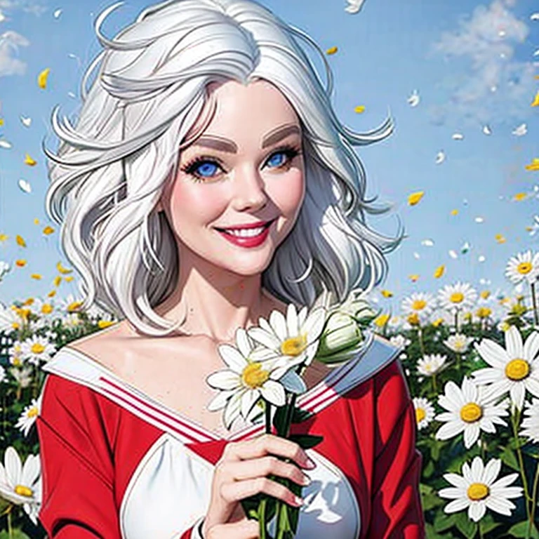 work of art, best qualityer, 1 girl, White hair, smiling, looking ahead at viewer, grown-up, totally mature, holding flower