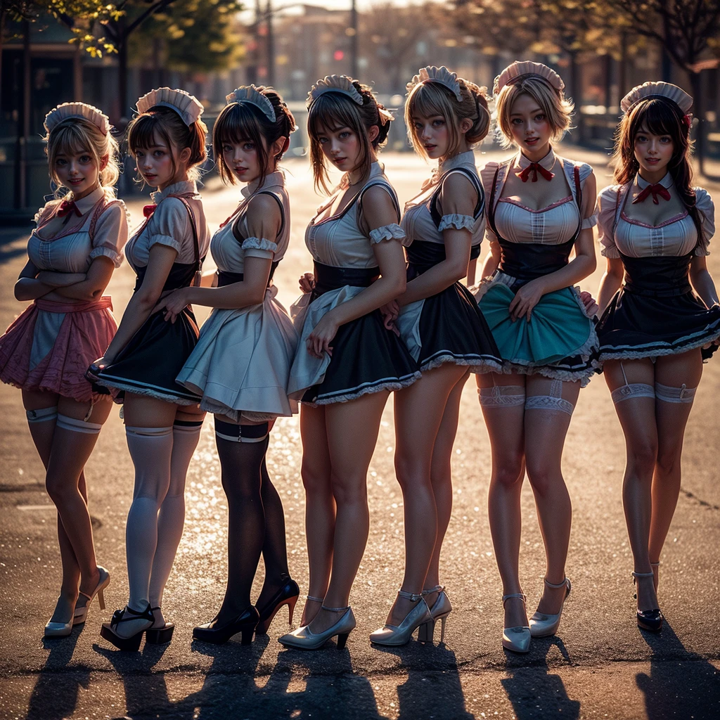 (Full Body of Extremely Detailed((Kawaii Maid Group in a row:1.37))), Cute perfect face, Reflective Eyes, Detailed(Delicate Clothing textures), Correct Leg Line, Dynamic Joyful Expressions LifeLike Rendering, Specular Reflection, TopQuality 8K Ultra-detailed masterpiece (ProfessionalPhoto:1.37), (Acutance:0.8), (Luminism:1.28), (Renaissance art style), Colorful Light particles, ((Full body from side)), {MicroMini Skirt|Kissing|Breast Lifting|Undressing|Thigh Gap}, Radiant Fine Skin with Transparency, (Exposed:0.5), (Different types of Anime hair color){Pink Hair|Cyan Hair|White Hair}, Perfect Lighting 