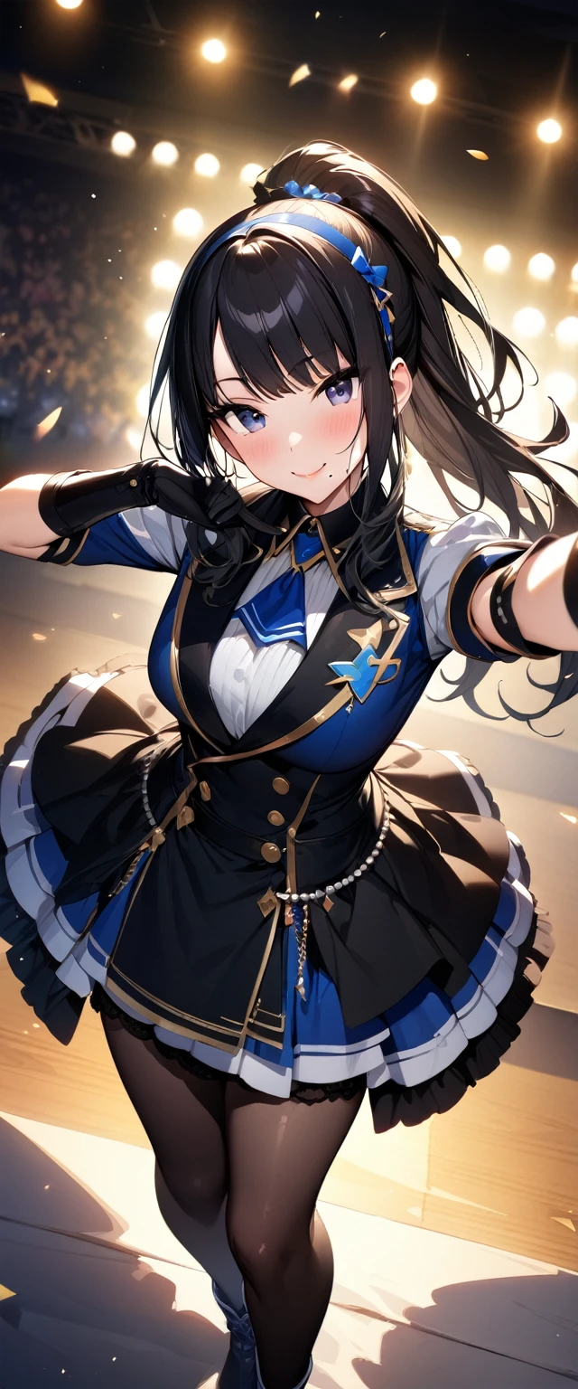 (masterpiece),(best quality),(ultra-detailed),(best illustration),(best shadow),(absurdres),(detailed background),(very aesthetic),  hiori kazano, black hair, ponytail, smile, 1girl, long hair, hairband, ponytail, gloves, bangs, idol, looking at viewer, from the front, mole under mouth, 