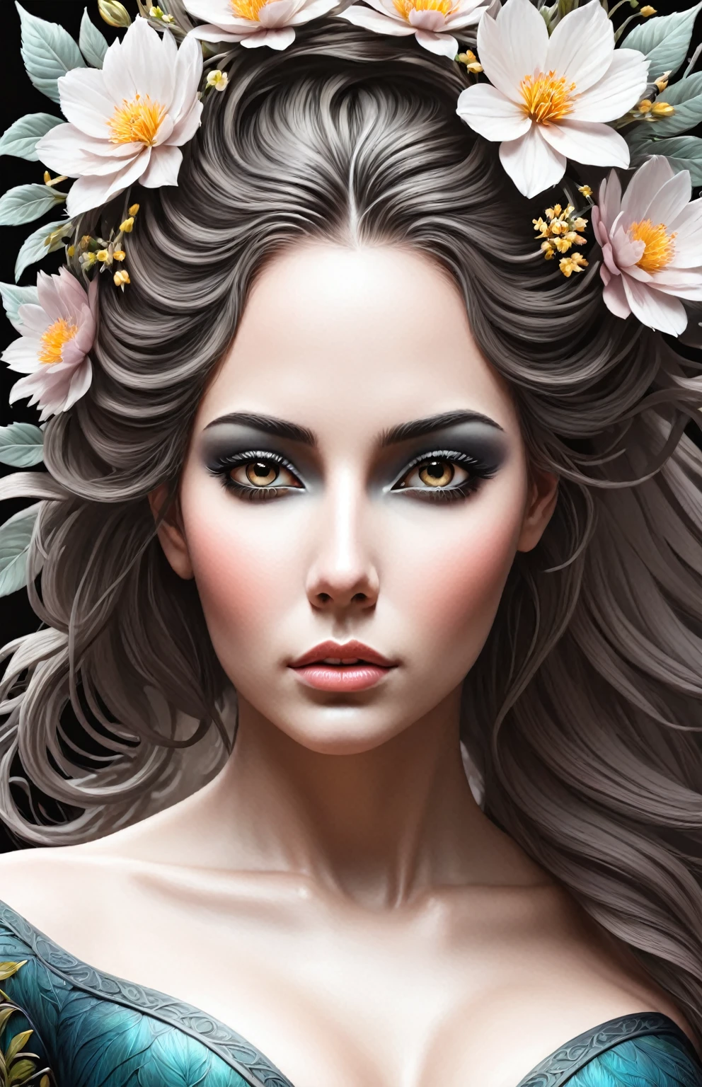 Close-up of woman with flowers in hair, Stunning digital illustrations, Detailed Matte Fantasy Portrait, Lori Early, Gorgeous digital art, Cute face. Dark Fantasy, Beautiful digital illustrations, Delicate female face, portrait of a Dark Fantasy nymph, Beautiful digital illustrations, A beautiful artistic illustration, beautiful Gorgeous digital art, Beautiful fantasy art portrait, digital fantasy portrait