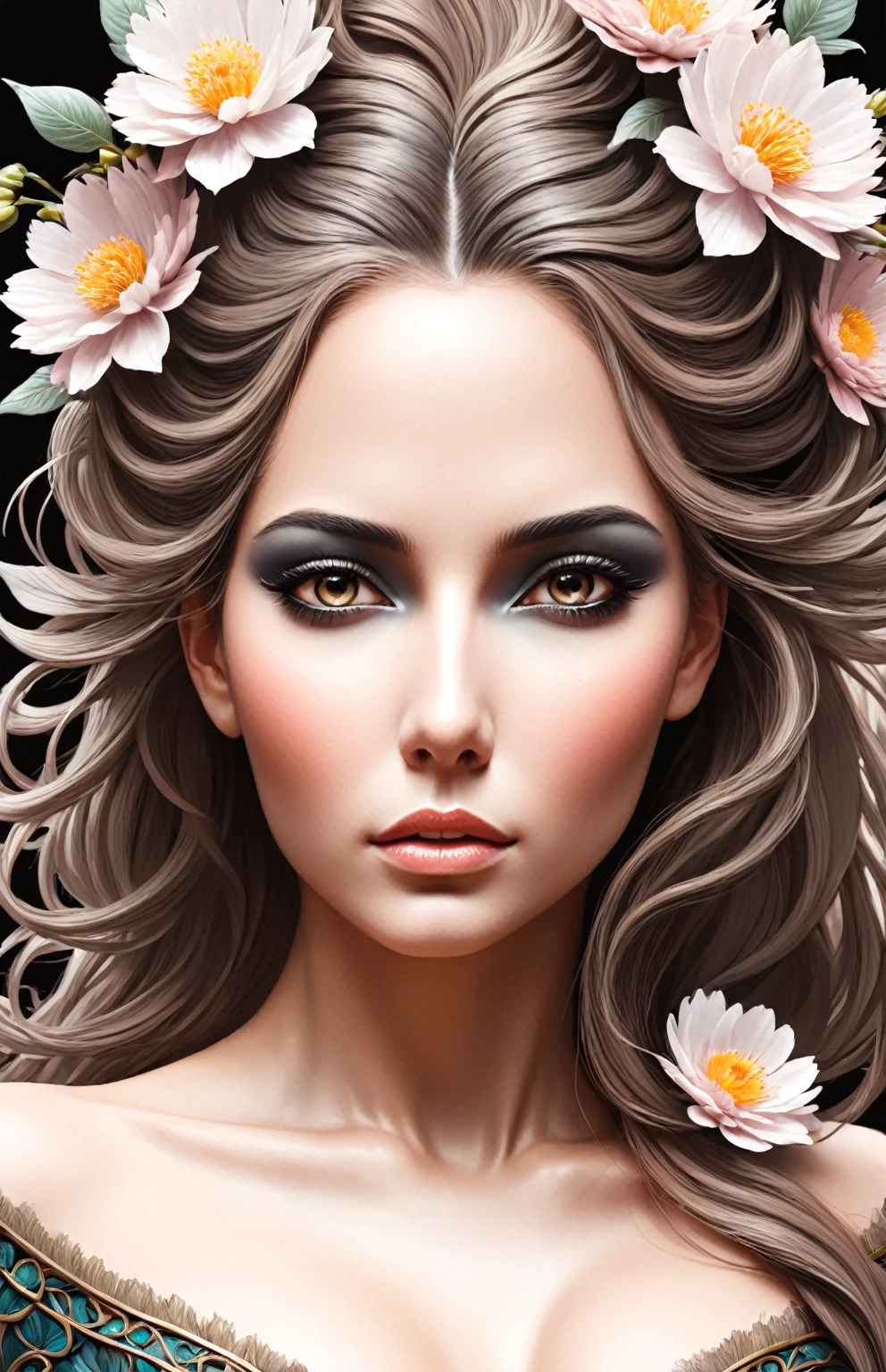 Close-up of woman with flowers in hair, Stunning digital illustrations, Detailed Matte Fantasy Portrait, Lori Early, Gorgeous digital art, Cute face. Dark Fantasy, Beautiful digital illustrations, Delicate female face, portrait of a Dark Fantasy nymph, Beautiful digital illustrations, A beautiful artistic illustration, beautiful Gorgeous digital art, Beautiful fantasy art portrait, digital fantasy portrait